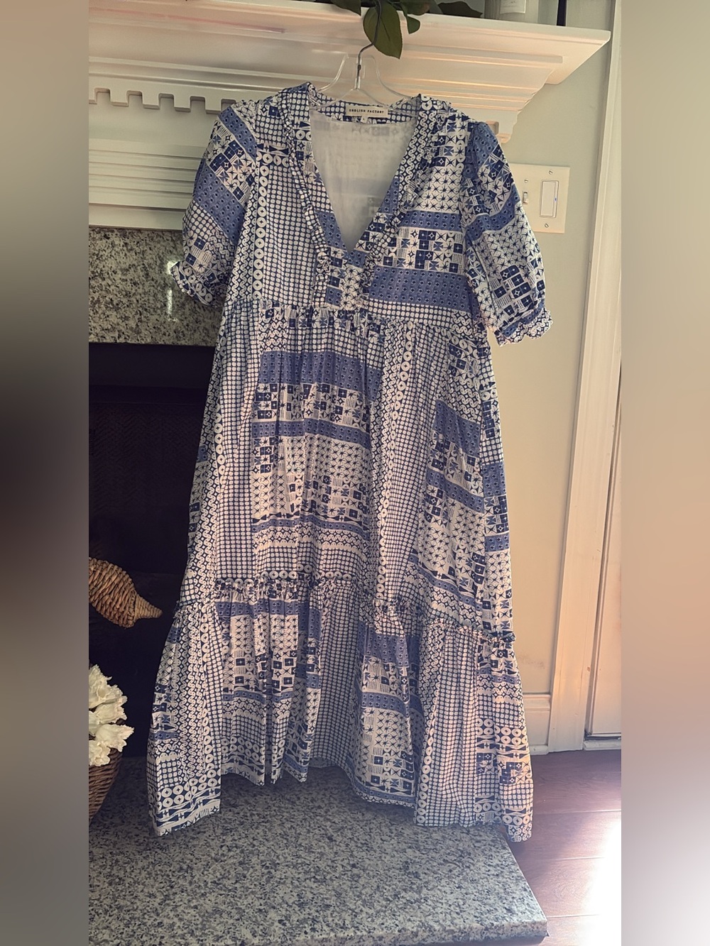 English Factory Blue & White Patchwork Midi Dress